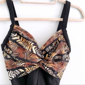 Black and Animal Print One Piece Swimsuit by Carol Wior Made in USA Bust Support